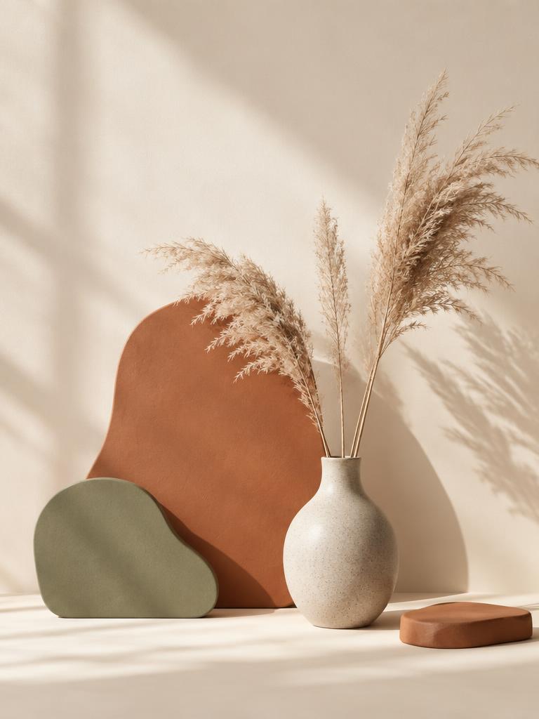 Warm still life with terracotta, sage and dried pampas grass in soft light