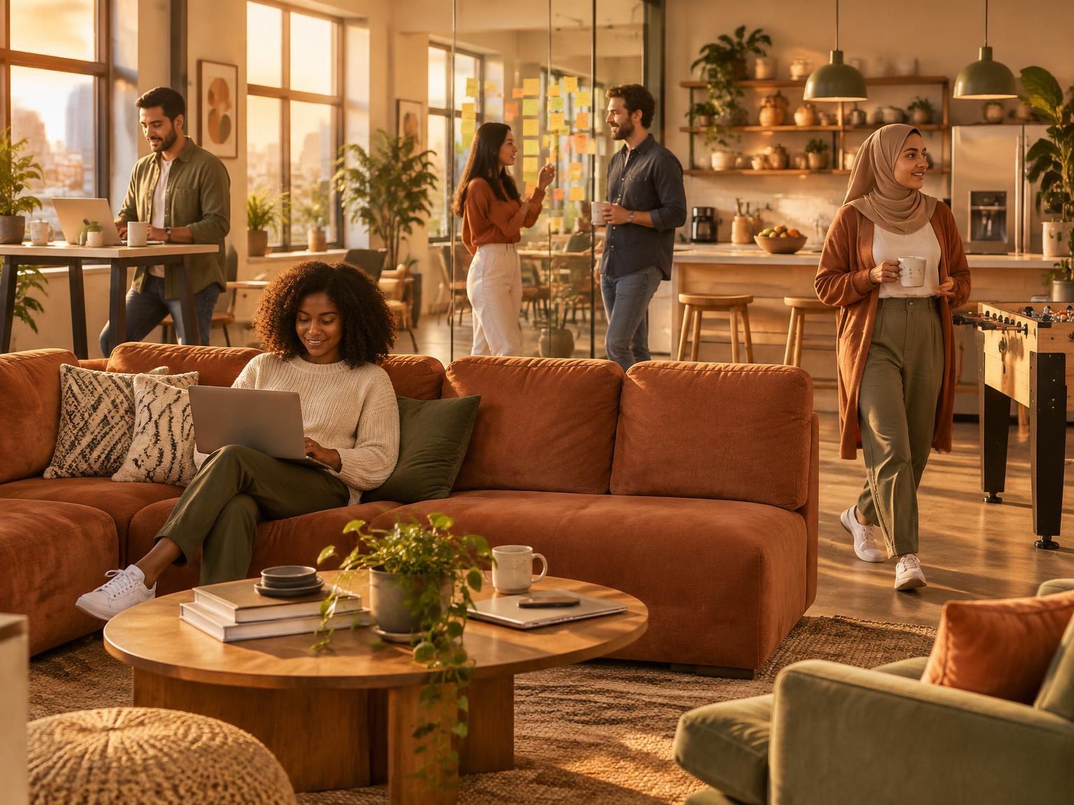 A comfortable, sunlit office lounge with big couches, a kitchen and a foosball table — a diverse team relaxing and working together